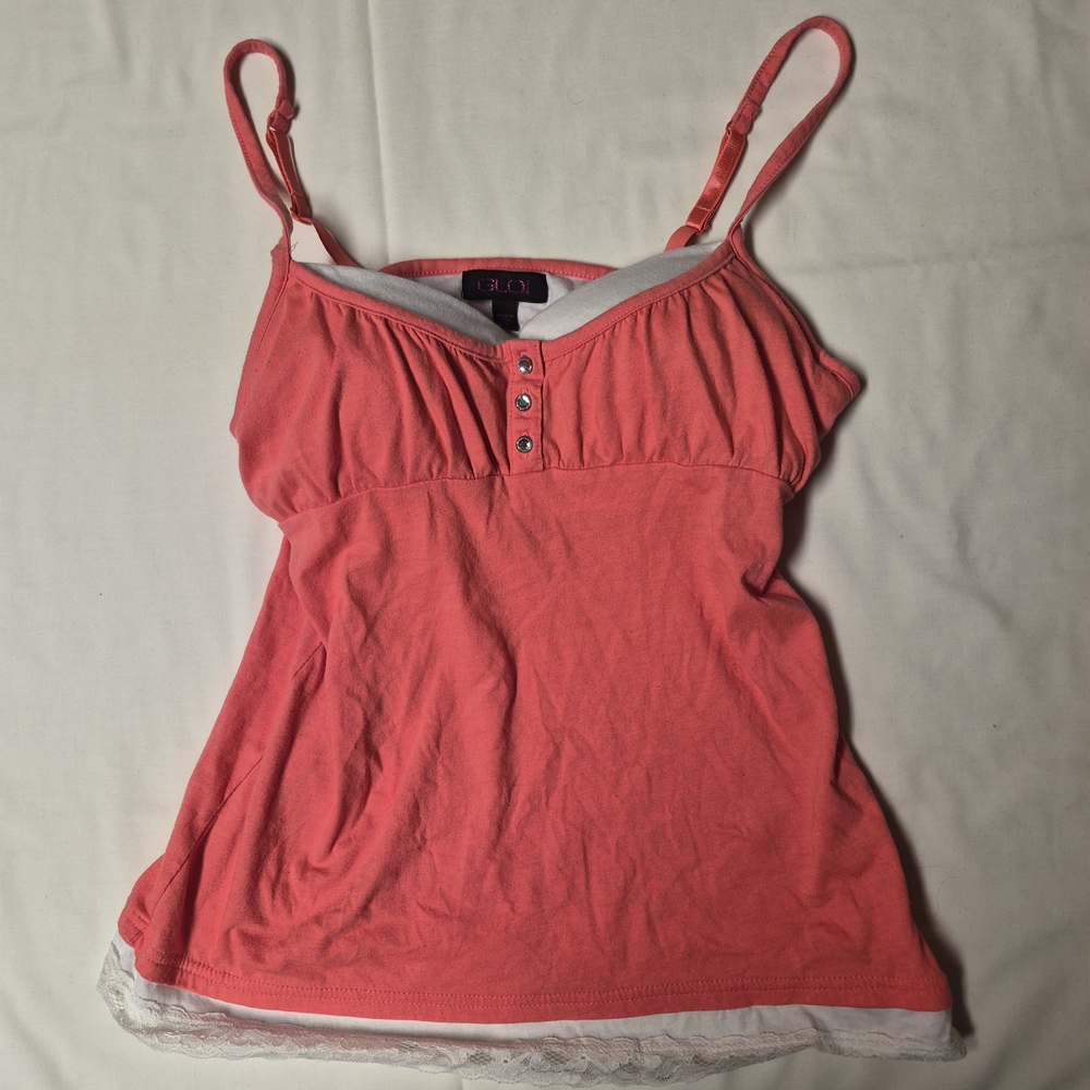 GLO Womens Y2K Coral Pink Layered Cami Tank Top Lace Trim Rhinestone Size Large
